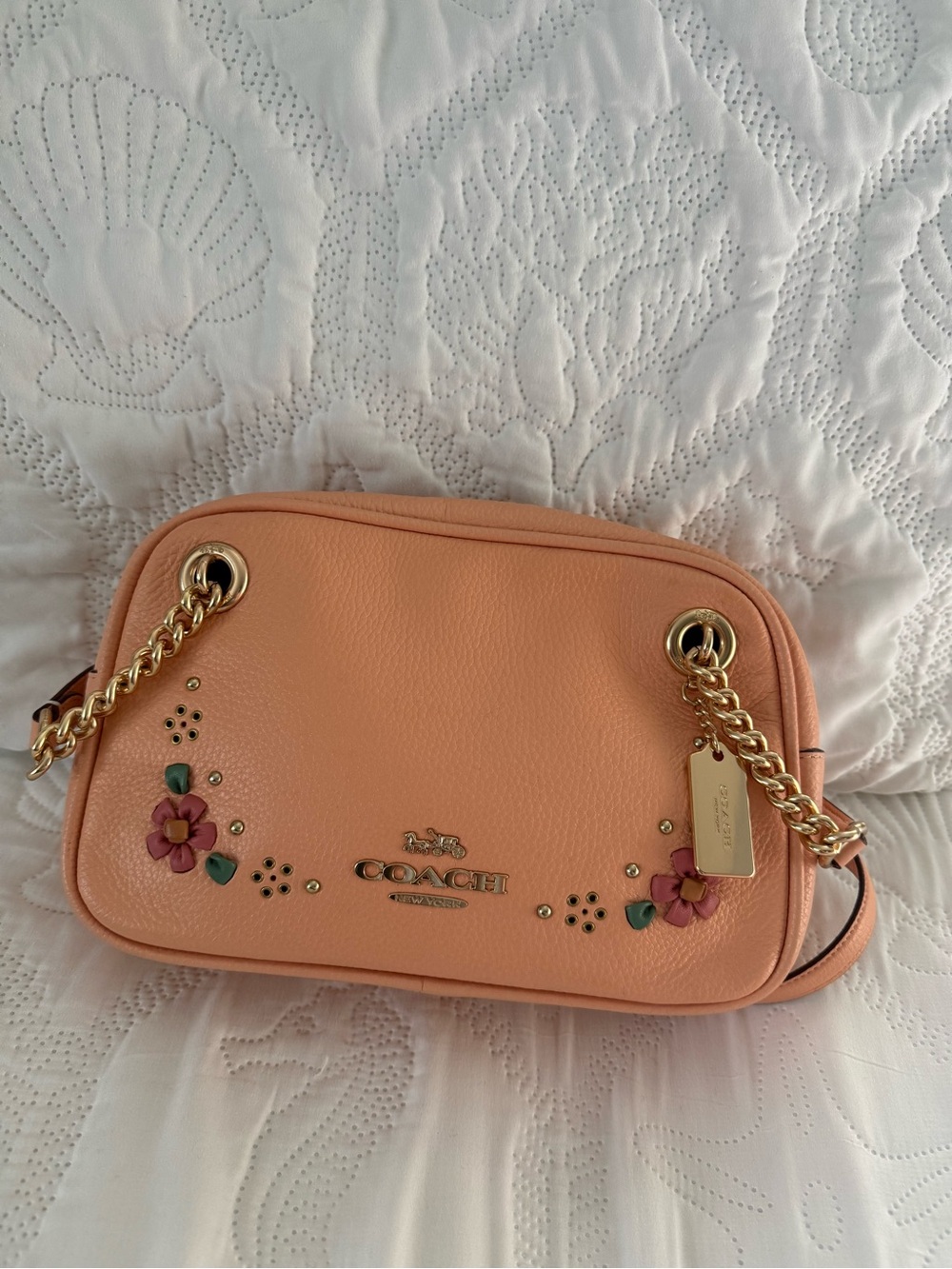 Coach Peach Floral Pebbled Leather Crossbody Camera Bag Gold Chain CA113